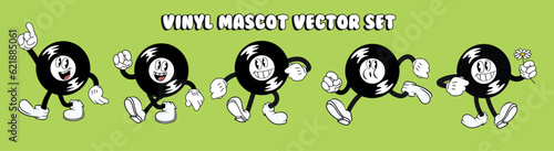 vinyl record cartoon mascot set, different poses, retro logo flat design, vector