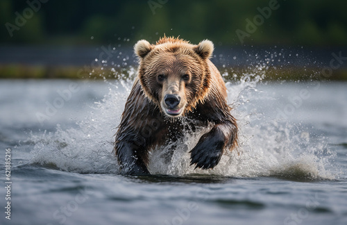 brown grizzly bear in water hunting for fish © MostlyAI