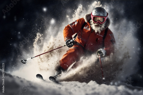 snowboarder holiday santa winter skier snow christmas sport ski mountain. Generative AI.