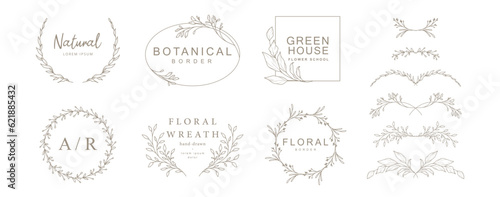 Elegant floral frame collection. Hand drawn delicate wreath, logo template, monogram design in line art. Vector for label, corporate identity, wedding invitation, card botanique, save the date