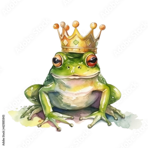 Watercolor Happy Green Frog With A Crown  Generative AI