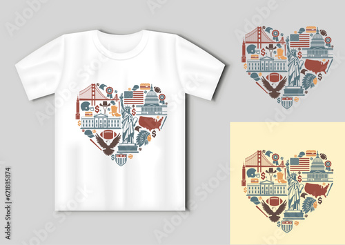 Icons of the USA in the form of heart. Travel concept with t-shirt mockup