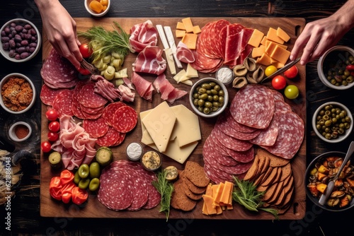 Image capturing the process of assembling a charcuterie platter, with the skilled hands of a chef arranging slices of salami and cheese alongside complementary ingredients. Generative Ai