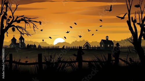 Autumn  landscape at harvest farm field with  orange  and blue sky  Beautiful sunset in mid Autumn  in countryside  AI Illustration. Halloween concept design. Banner background for Fall season.