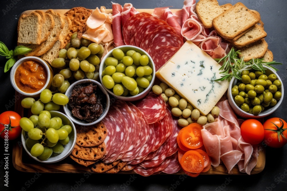 Image showcasing the ingredients for a gourmet charcuterie board, including freshly sliced salami, various cheeses, pickles, olives, and bread, inspiring culinary creativity. Generative Ai Image showcasing the ingredients for a gourmet charcuterie board, including freshly sliced salami, various cheeses, pickles, olives, and bread, inspiring culinary creativity. Generative Ai