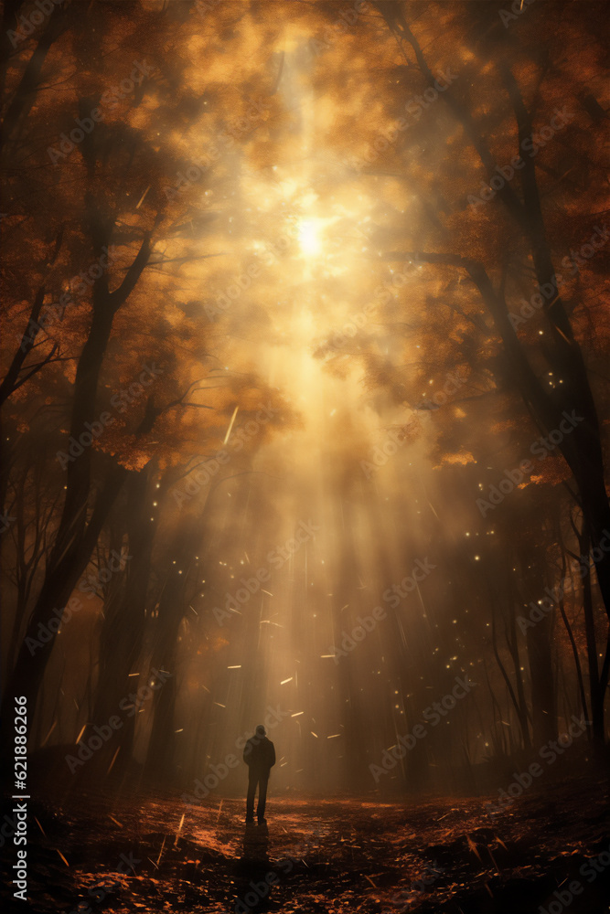 silhouette of a person in autumn forest, dreamy light scene, created using generative AI tools 
