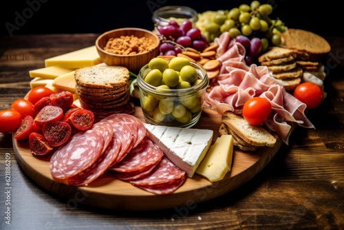 Image showcasing the ingredients for a gourmet charcuterie board, including freshly sliced salami, various cheeses, pickles, olives, and bread, inspiring culinary creativity. Generative Ai