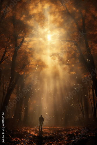 silhouette of a person in autumn forest, dreamy light scene, created using generative AI tools 
