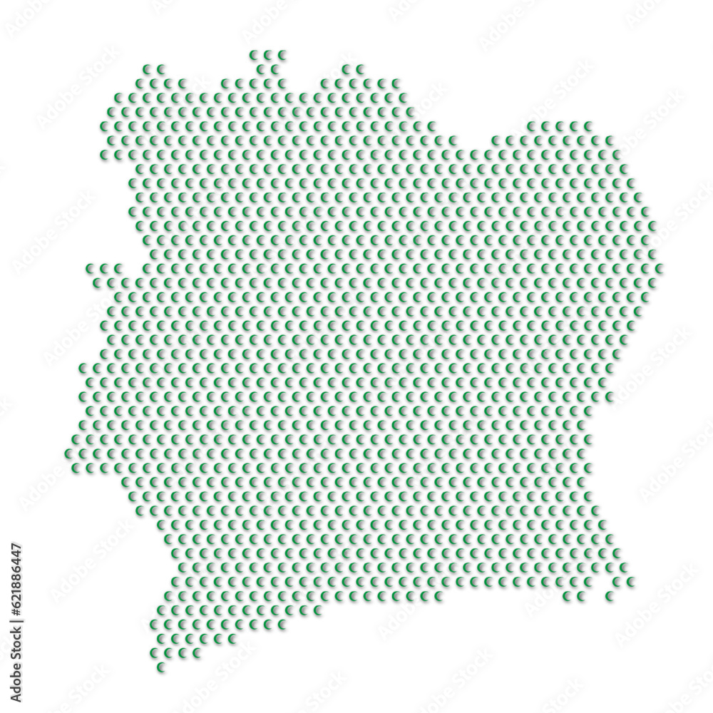 Map of the country of Ivory Coast with green half moon icons texture on a white background