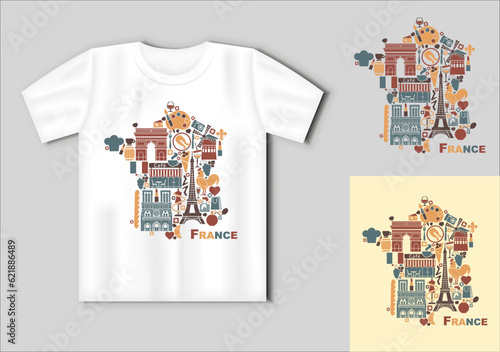 Symbols of France in the form of a map. Travel concept with t-shirt mockup