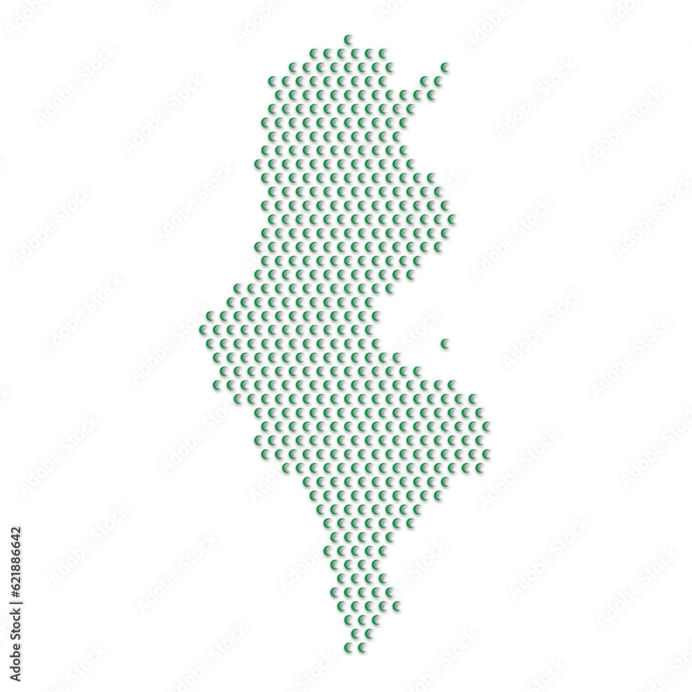 Map of the country of Tunisia with green half moon icons texture on a white background