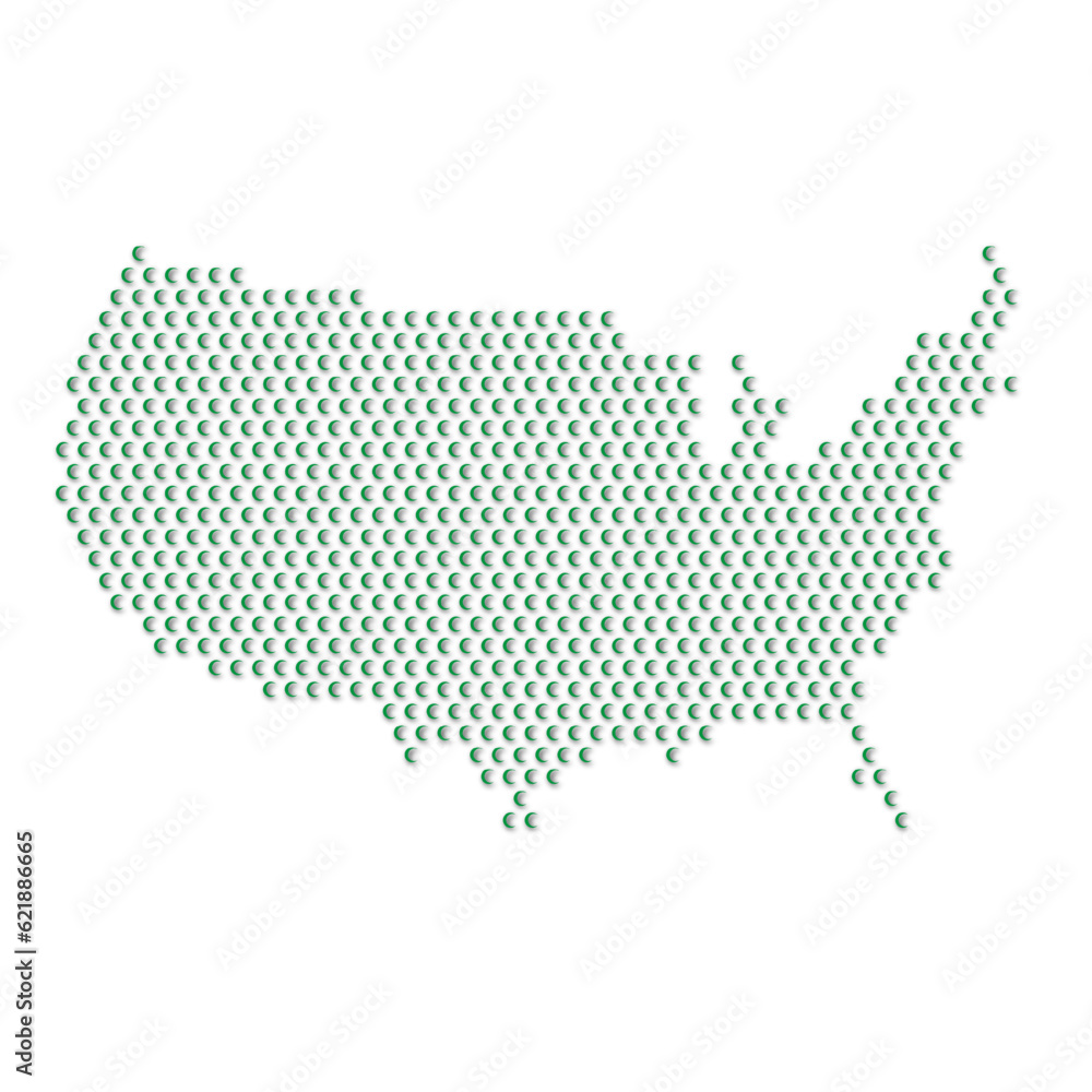 Map of the country of United States of America with green half moon icons texture on a white background