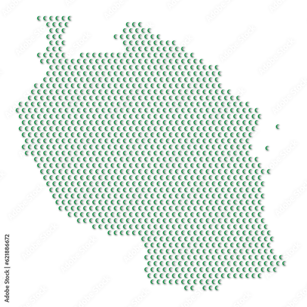 Map of the country of United Republic of Tanzania with green half moon icons texture on a white background