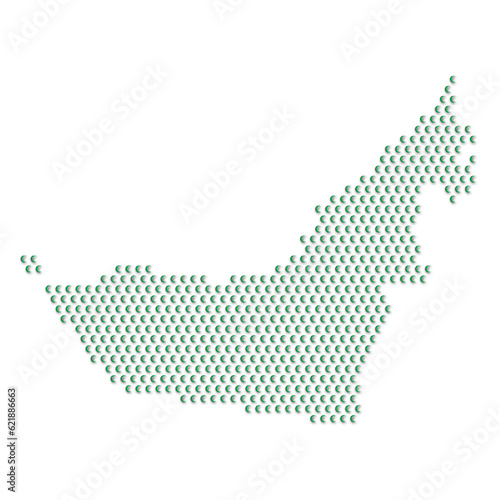Map of the country of United Arab Emirates with green half moon icons texture on a white background