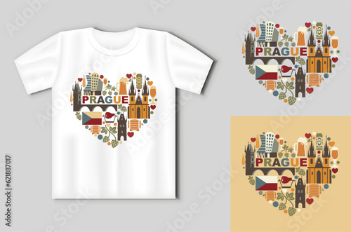 Traditional symbols of the Prague and Czech Republic. Travel concept with t-shirt mockup