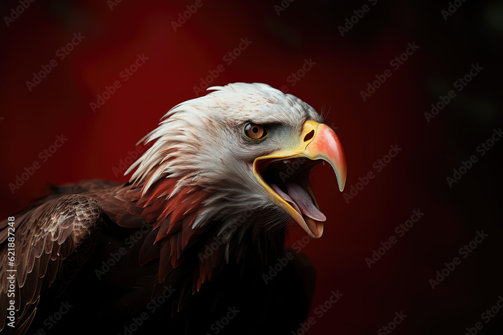 Regal Majesty. A majestic eagle roaring with pride, isolated on a solid red background. Symbol of power and grandeur concept. AI Generative Regal Majesty. A majestic eagle roaring with pride, isolated on a solid red background. Symbol of power and grandeur concept. AI Generative