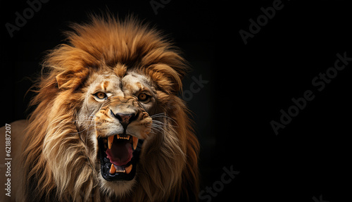 Roar of the King. A majestic lion roaring with pride  isolated on a solid green background. Regal power and majesty concept. AI Generative