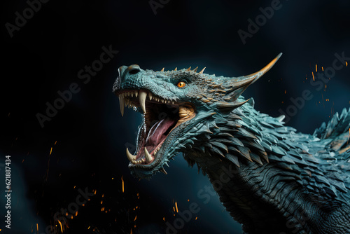 Roar of the Dragon. A majestic dragon roaring with pride and spitting fire, isolated on a solid blue background. Mythical power and awe-inspiring presence concept. AI Generative