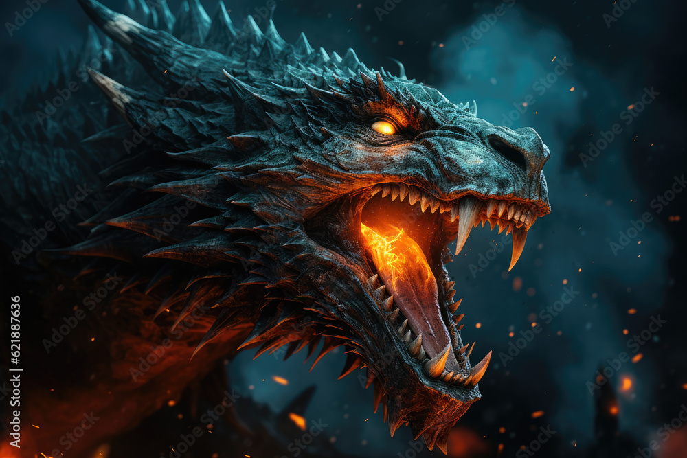 Roar of the Dragon. A majestic dragon roaring with pride and spitting fire, isolated on a solid blue background. Mythical power and awe-inspiring presence concept. AI Generative Roar of the Dragon. A majestic dragon roaring with pride and spitting fire, isolated on a solid blue background. Mythical power and awe-inspiring presence concept. AI Generative