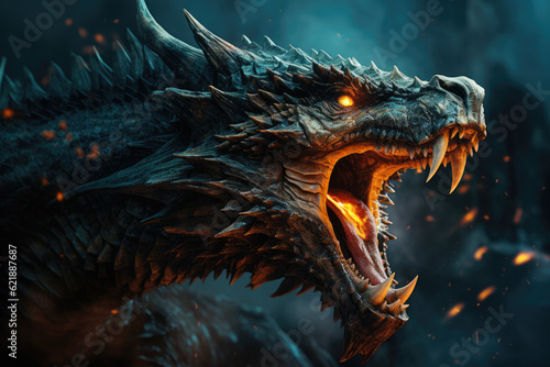 Roar of the Dragon. A majestic dragon roaring with pride and spitting fire, isolated on a solid blue background. Mythical power and awe-inspiring presence concept. AI Generative © Mr. Bolota