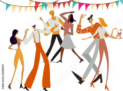 Diverse Couple dancing with classic retro dress and suit, Vintage party scene in motion