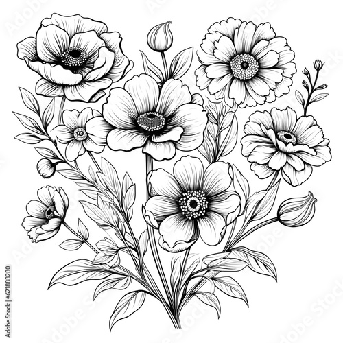 Line art of flowers and plants Wild Chamomile black ink sketch. Wild botanical garden bloom.