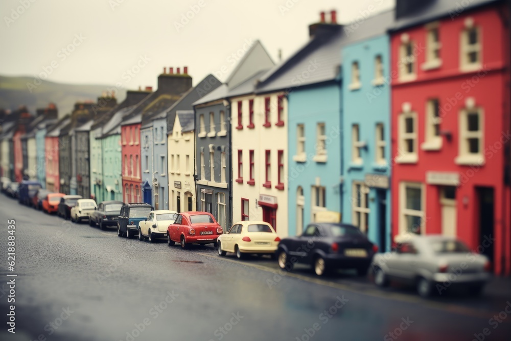 A quiet town, captured with a tilt-shift lens, giving a miniature effect to the scene and enhancing the sense of serenity. Generative AI