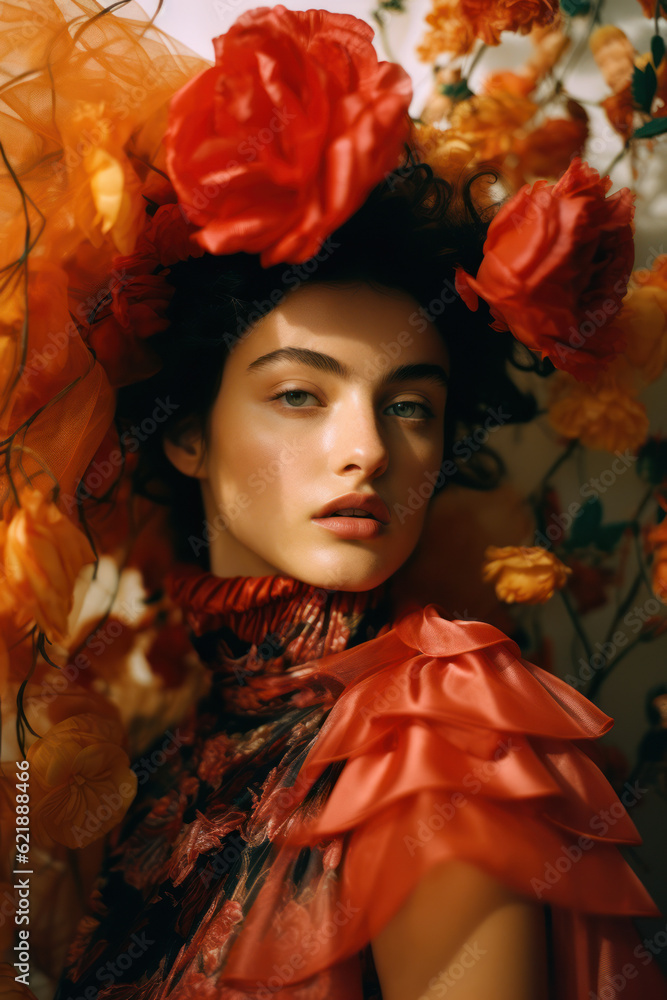 Fototapeta premium portrait of a woman/model/book character surrounded by flowers in daylight with a thoughtful expression in a fashion/beauty editorial magazine style film photography look - generative ai art