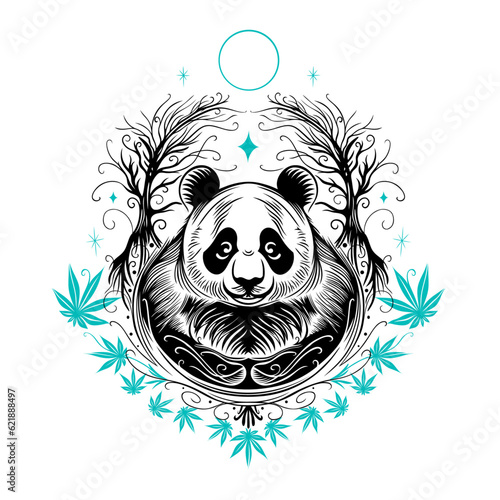 Kawaii Panda Pandabär. Tattoo Panda mit Bäumen, Mond und Bambusblätter. 
