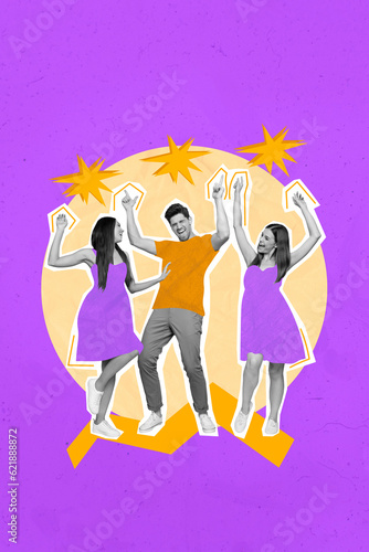 Photo collage artwork minimal picture of dancing friends having fun together isolated purple color background
