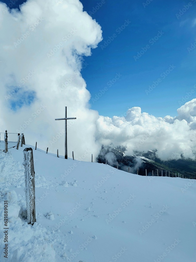 A Cross Along the Pathway on Snowy Mountain of Rigi Kulm