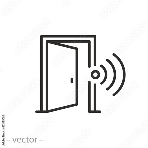 smart door icon, unlock door and open, thin line web symbol on white background - editable stroke vector illustration eps10