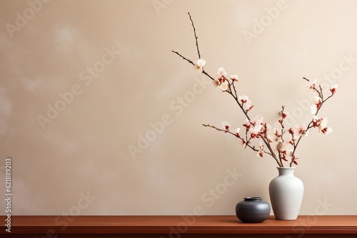 A white vase filled with white flowers on top of a table. AI