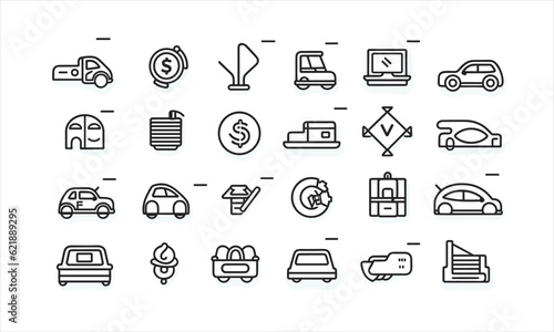 Line-style web icons for loans and credit. Rate of interest, calculator, credit card, deposit, car leasing, income, rating, and collection