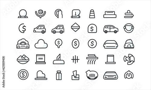 Line-style web icons for loans and credit. Rate of interest, calculator, credit card, deposit, car leasing, income, rating, and collection