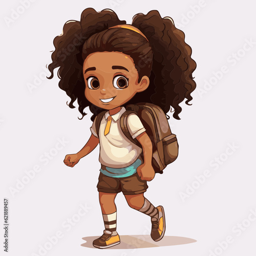 simple cartoon clipart black african american girl student child going to school white background