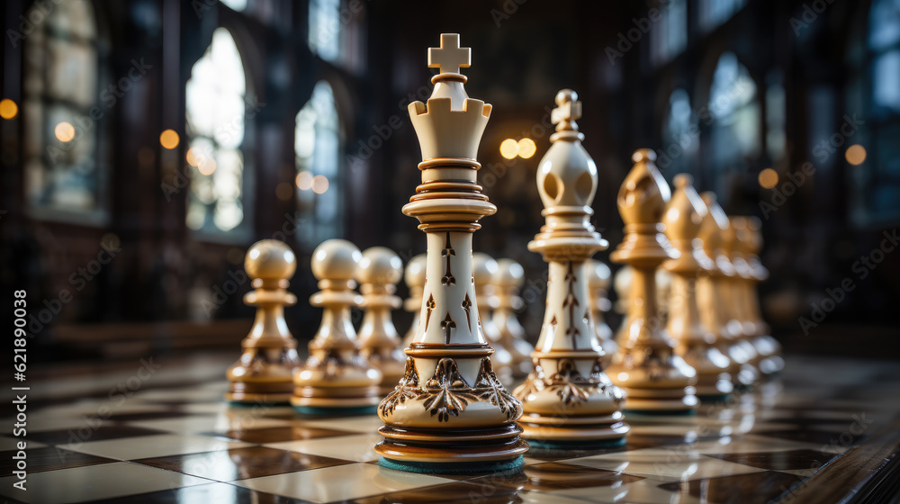 Generative ai illustration of wooden chess board with pieces in close up Generative ai illustration of wooden chess board with pieces in close up
