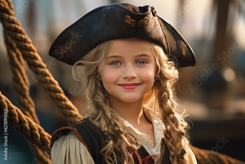 young pirate girl on pirate ship, Generative Ai photo