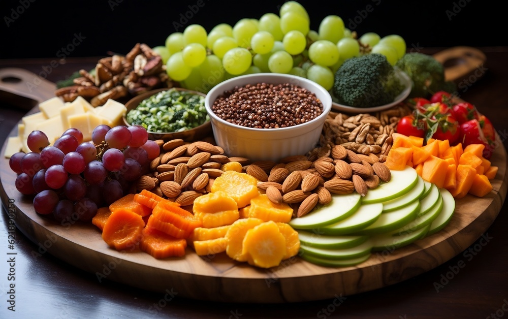 A platter of cheese, fruit, nuts, and other foods. AI