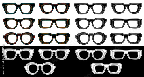 Set collection retro glasses silhouette icon symbol. Optical sunglass black white vector Illustration