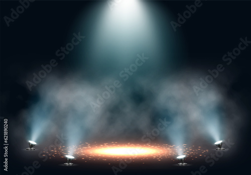 Spotlights. Scene for presentation illuminated by spotlights with smoke. Vector illustration.