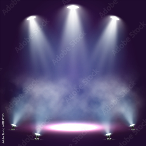 Spotlights. Scene for presentation illuminated by spotlights with smoke. Vector illustration.