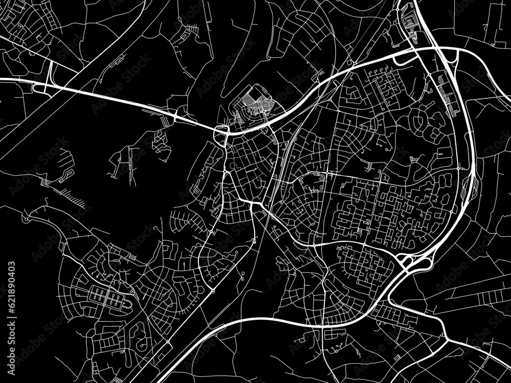 Vector road map of the city of  Roermond in the Netherlands with white roads on a black background.