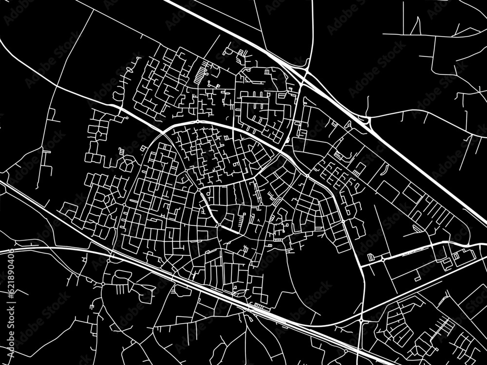 Vector road map of the city of  Zevenaar in the Netherlands with white roads on a black background.