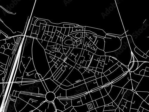 Vector road map of the city of Nijmegen Centrum in the Netherlands with white roads on a black background.