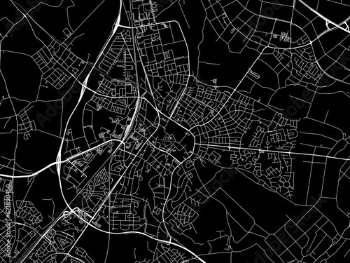 Vector road map of the city of Sittard in the Netherlands with white roads on a black background.
