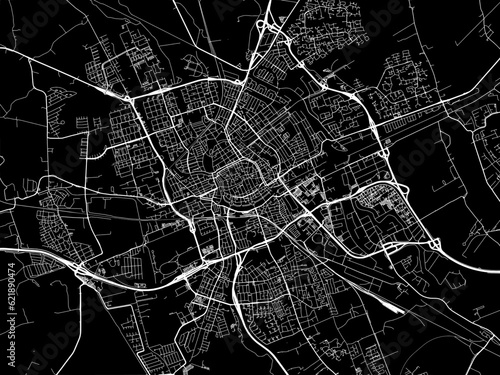 Vector road map of the city of  Groningen in the Netherlands with white roads on a black background.