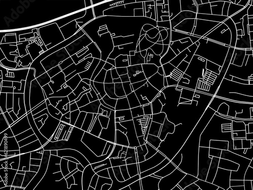 Vector road map of the city of  Breda Centrum in the Netherlands with white roads on a black background.