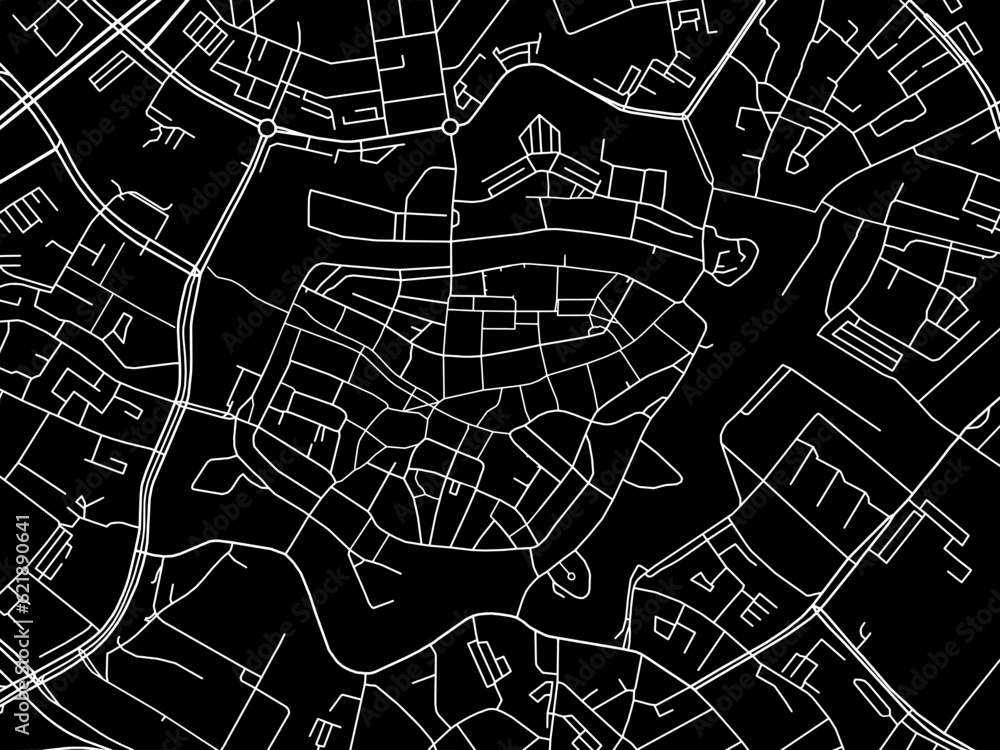 Vector road map of the city of  Zwolle Centrum in the Netherlands with white roads on a black background.