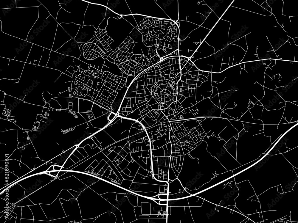 Vector road map of the city of  Oldenzaal in the Netherlands with white roads on a black background.